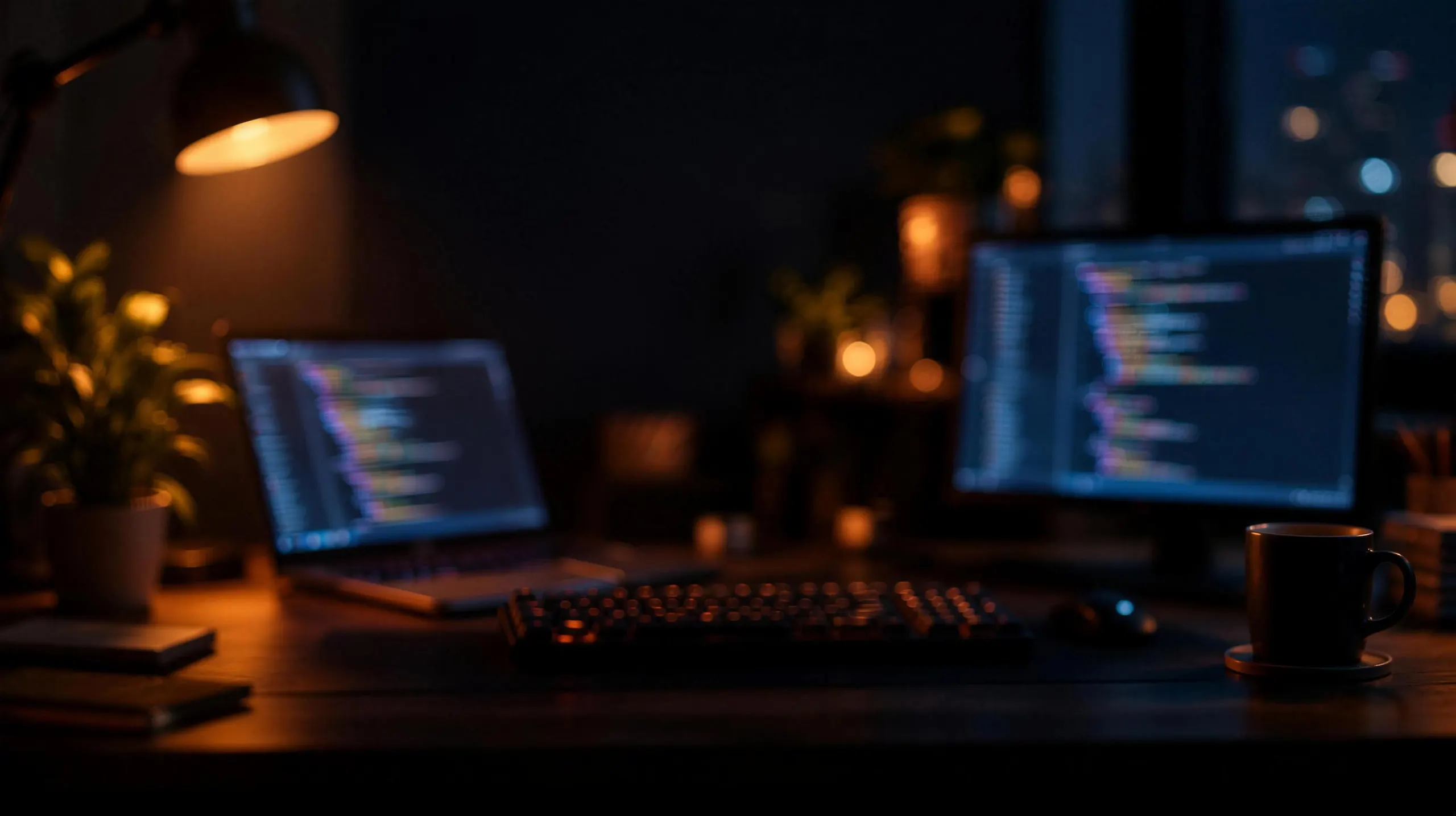 Mesa de programador à noite com o monitor e a luminária acesa